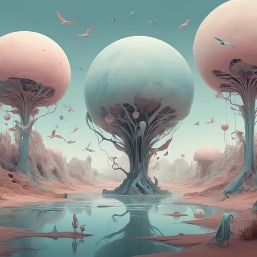 Prompt: The images feature a surreal and whimsical style, combining elements of fantasy and abstract art. The characters depicted are humanoid forms with features and appendages reminiscent of birds or sea creatures. The use of pastel and muted color palettes adds to the dreamlike quality. The environments are imaginative, with organic shapes and fluid structures that defy conventional physics, giving a sense of otherworldly landscapes. The overall tone is one of playful strangeness, evoking a sense of curiosity and wonder. This description could be used to prompt the creation of artworks with a similar blend of surrealism, abstraction, and fantasy elements.