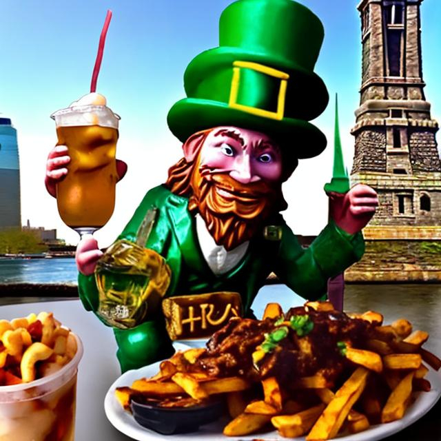 Prompt: a leprechaun on top of the Statue of Liberty eating poutine while drinking sangria