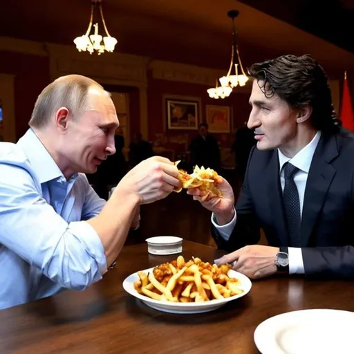 Prompt: Vladimir Putin eating poutine in Quebec with Justin Trudeau