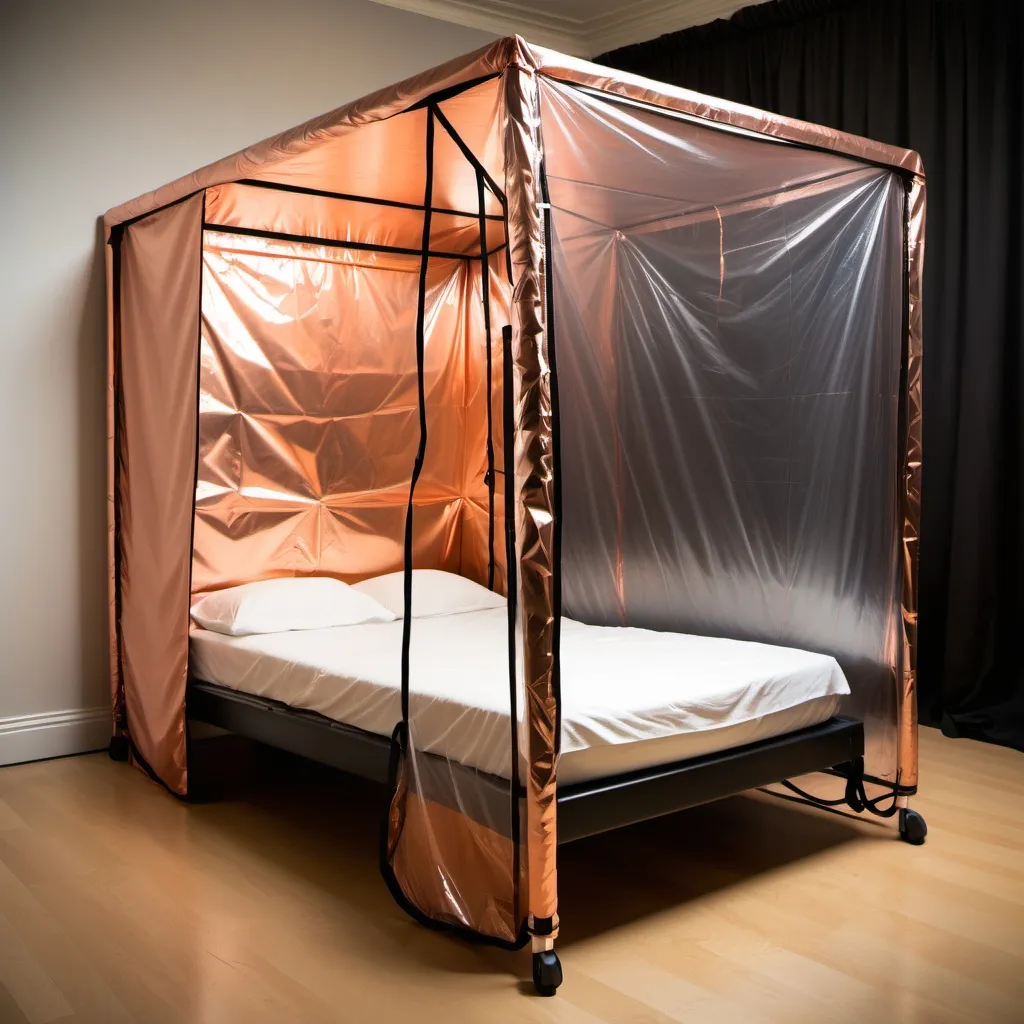 Prompt: faraday cage made to go over a bed to protect from emf small but portable with a opening door made from copper





