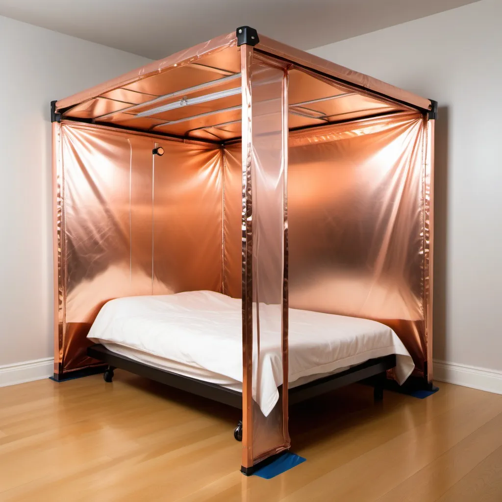 Prompt: faraday cage made to go over a bed to protect from emf small but portable with a opening door made from copper





