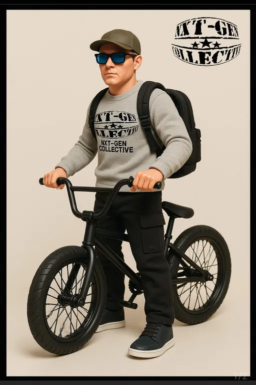 Prompt: A highly detailed action figure stands confidently on a sleek black BMX bike, capturing a modern, urban aesthetic. Dressed in a gray sweatshirt emblazoned with "NXT-GEN COLLECTIVE" and black cargo pants, the figure sports stylish sunglasses and a cap, suggesting a cool, adventurous spirit. The minimalist beige background highlights the character's striking features and casual outfit, while the bike, with its chunky tires and intricate detailing, adds to the overall street-smart vibe. The composition emphasizes a sense of readiness, as if the figure is poised for an exciting ride or a thrilling journey, embodying a youthful, dynamic energy.