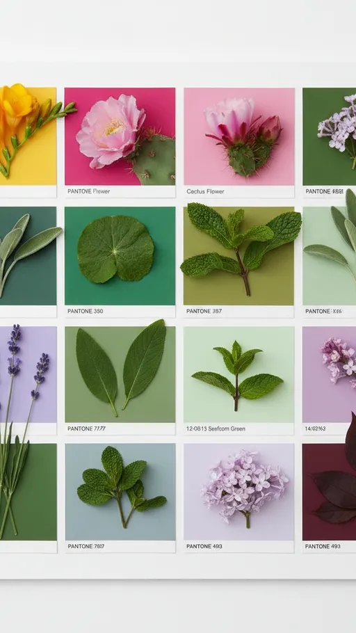 Prompt: A flat lay artistic composition featuring fresh flowers and herbs placed on colored Pantone swatches. Each plant is carefully arranged over its corresponding Pantone color square, creating a vibrant palette. The flowers include delicate lilac blossoms, yellow freesia, lavender sprigs, pink cactus flowers, and green leaves such as sage and mint. The Pantone swatches display colors like bright yellow (Pantone 14-0852 Freesia), vivid pink (Pantone 18-2326 Cactus Flower), soft lavender (Pantone 15-2706 Violet Ice), greens (Pantone 7493, 350, 7737, 12-0313 Seafoam Green), and rich burgundy (Pantone 493). The overall style is modern, minimalistic, and design-focused, evoking the aesthetic of a Pantone-inspired botanical chart, with clean, flat, evenly lit photography highlighting texture, color, and natural beauty.