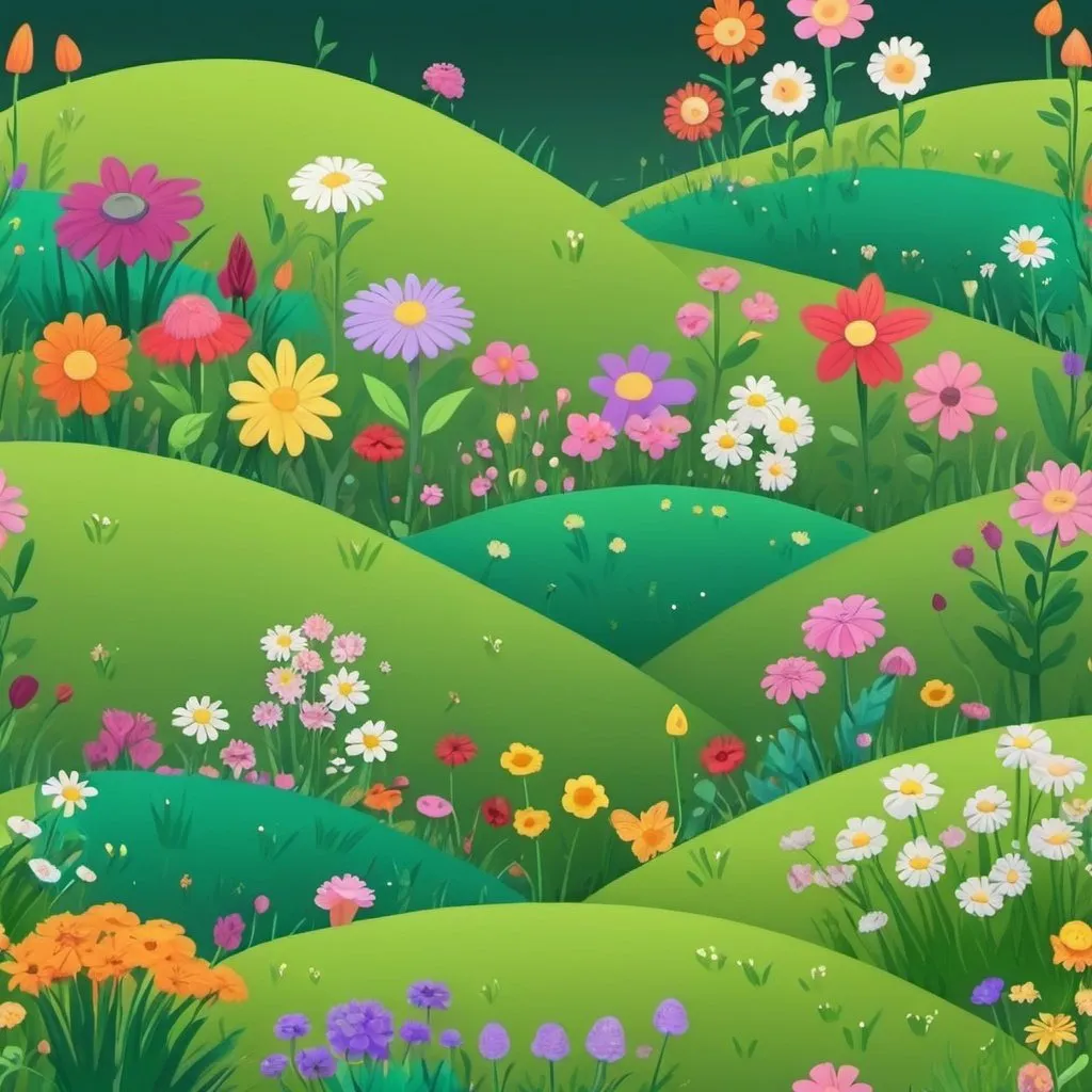 Prompt: a green hill with many different varieties of flowers
  2 D cartoon 