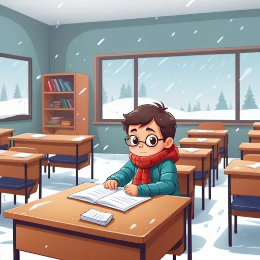 Prompt: kid in class room cold outside 2d cartoon