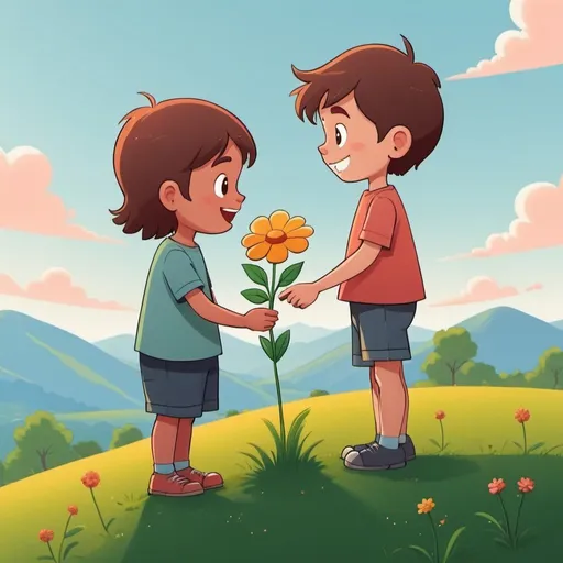 Prompt: a scene of a kid holding a flower on a hill and showing each other 2 D cartoon 