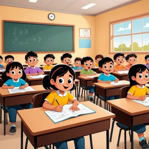 Prompt: kids sitting in a class room  2 D cartoon 