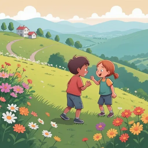 Prompt: a scene of kids picking flowers on a hill and showing each other 2 D cartoon 
