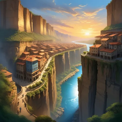 Prompt: (cliffside city), dramatic landscapes, vibrant sunset casting warm golden hues on the cliffs, cool blue river winding below, intricate architecture seamlessly blending with rocky terrain, lush greenery surrounding structures, (ultra-detailed) scene showcasing dynamic shadows, panoramic view that evokes a sense of wonder and adventure, captivating composition at the edge of natural beauty and urban innovation.