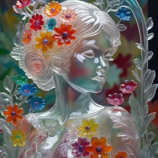 Prompt: A detailed and vibrant transparent glass sculpture of a woman with flowers, intricate details, surreal, colorful background