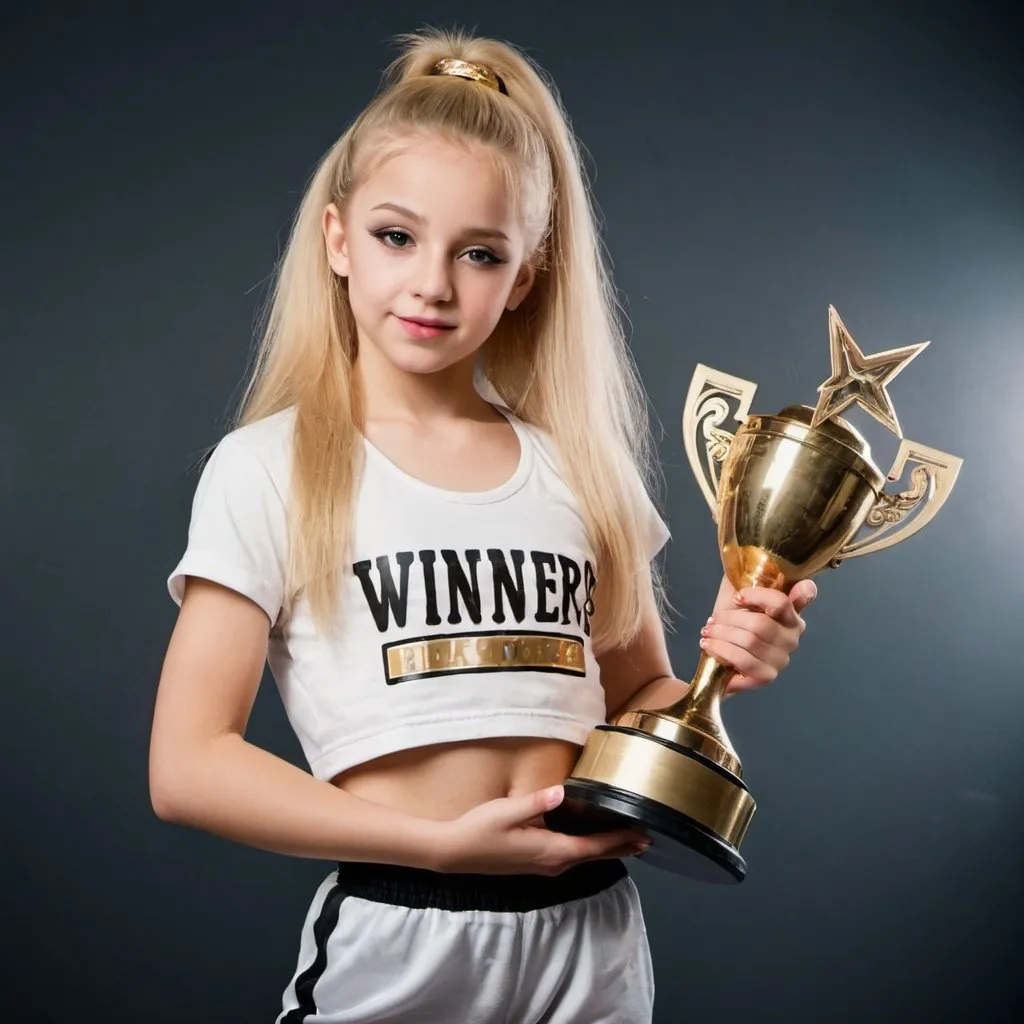 Prompt: Girl dancer in hip hop clothes. Blond hair. Holding a winners trophy. Standing on the winner's berth in first place.