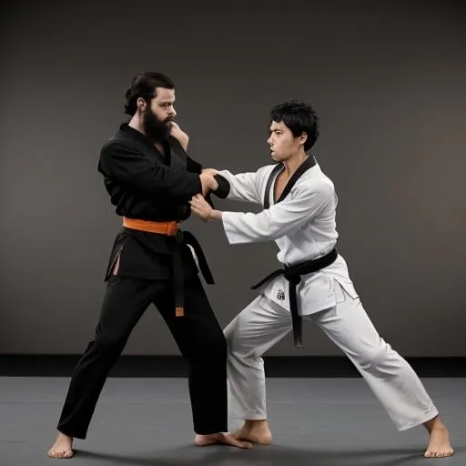 Prompt: A martial arts match between a man with black hair, a beard and a black suit and a black belt, and a boy with a white suit and an orange belt. The man stands face to face with the boy in a starting position.