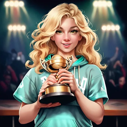 Prompt: Girl dancer in hip hop clothes. Blond hair. Holding a winners trophy. Standing on the winner's berth in first place.