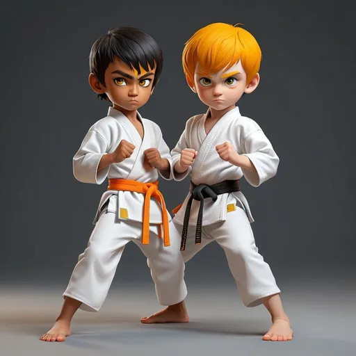 Prompt: Two boys practice martial arts. One in a white outfit with a yellow belt. Shani with a black outfit and an orange belt. realistic 3D stile.