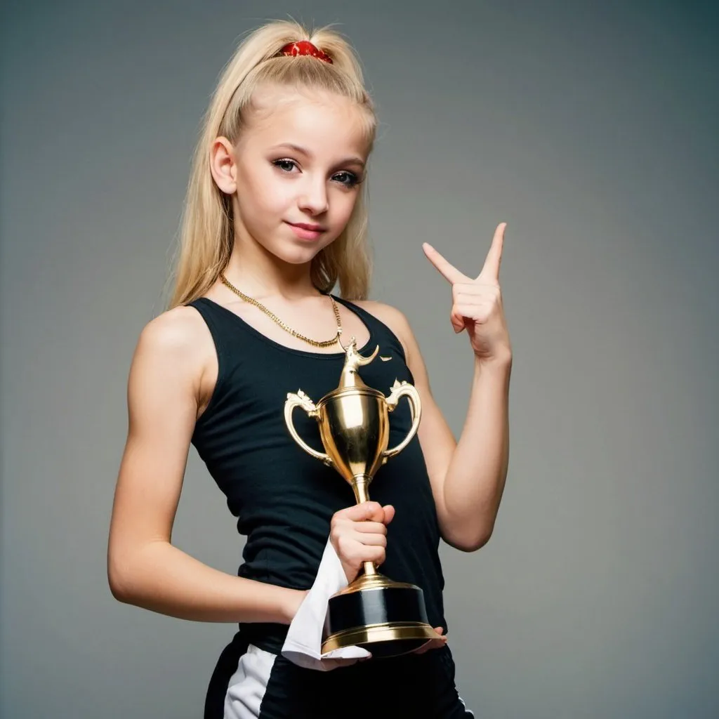 Prompt: Girl dancer in hip hop clothes. Blond hair. Holding a winners trophy. Standing on the winner's berth in first place.