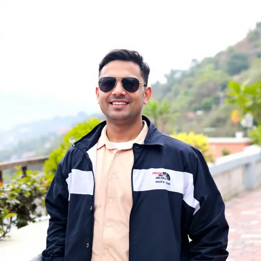Prompt: Standing confidently against a backdrop of hills, a man in a navy and white windbreaker with a media logo appears relaxed and composed. His black sunglasses shield his eyes from the subtle brightness of the overcast sky, and he wears a light peach shirt beneath his jacket, contrasting softly with the darker outer layer. In the background, scattered greenery and a few structural elements hint at an outdoor location that feels active yet calm. The cobblestone ground beneath him showcases a mix of colors, enhancing the overall urban feel of the scene, while his right hand rests casually on his hip, revealing a keychain and ID badge, adding to the professional vibe he embodies. The atmosphere speaks of an everyday moment, imbued with a sense of purpose and ease.