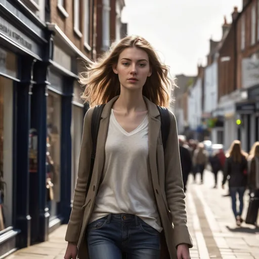 Prompt: Tall young woman walking down the high street, detailed clothing, realistic, natural lighting