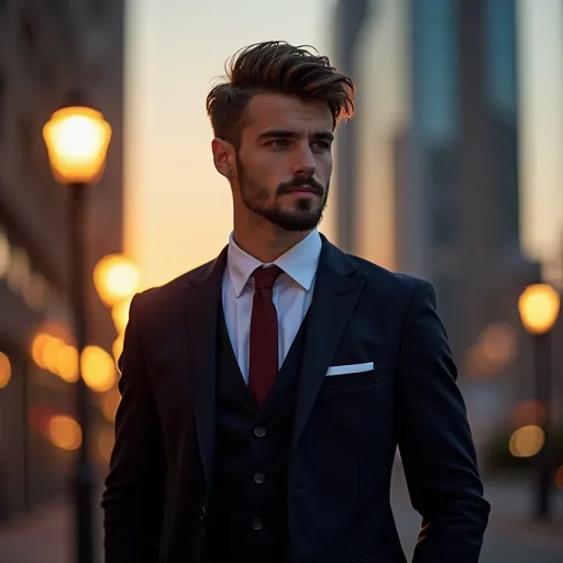 Prompt: "He is a young man with a neatly groomed mustache and beard, exuding a confident and professional appearance. Dressed in formal attire, he carries himself with poise and elegance, reflecting both maturity and sophistication."
