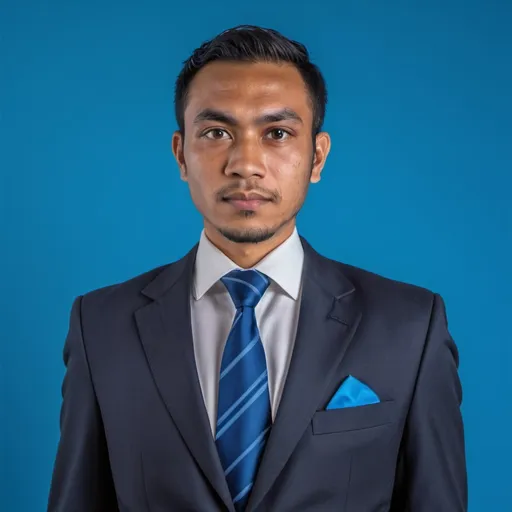 Prompt: a man in a suit and tie is looking at the camera with a blue background behind him and a blue background behind him, Abidin Dino, sumatraism, professional photo, a character portrait