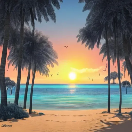 Prompt: sunset, beach, paly trees, music, mystical, Italo disco, realistic drawing, low contrast 