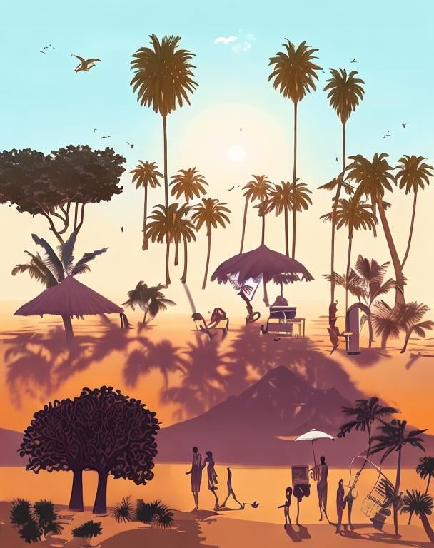 Prompt: sunset, beach, paly trees, music, mystical, Italo disco, realistic drawing, low contrast 