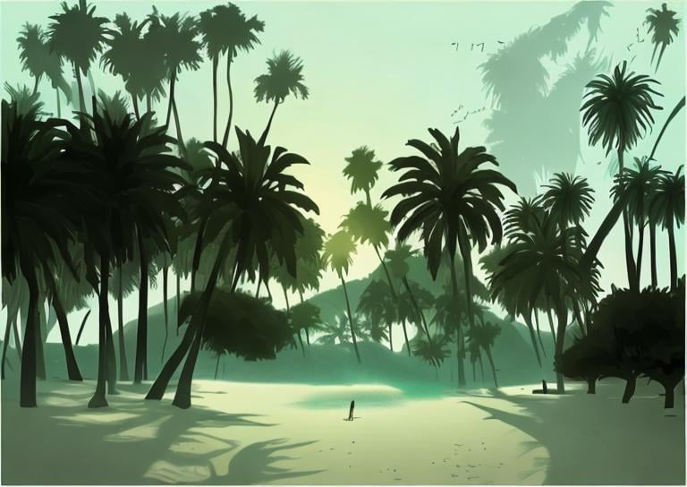 Prompt: sunset, beach, paly trees, music, mystical, Italo disco, realistic drawing, low contrast 