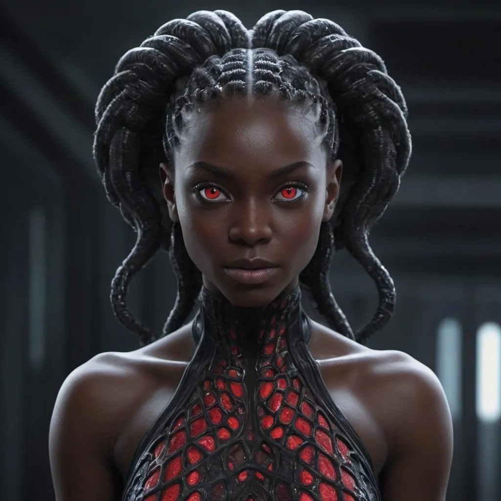Prompt: a 5ft 5 female humanoid with dark dark almost vanta black skin with red eyes who is muscular but not to muscular with smooth tenticals for hair each tenticle is a different bright color of the full spectrum.  she looks formidable and serious and is of alien origin.  show me a view so i can see her whole body