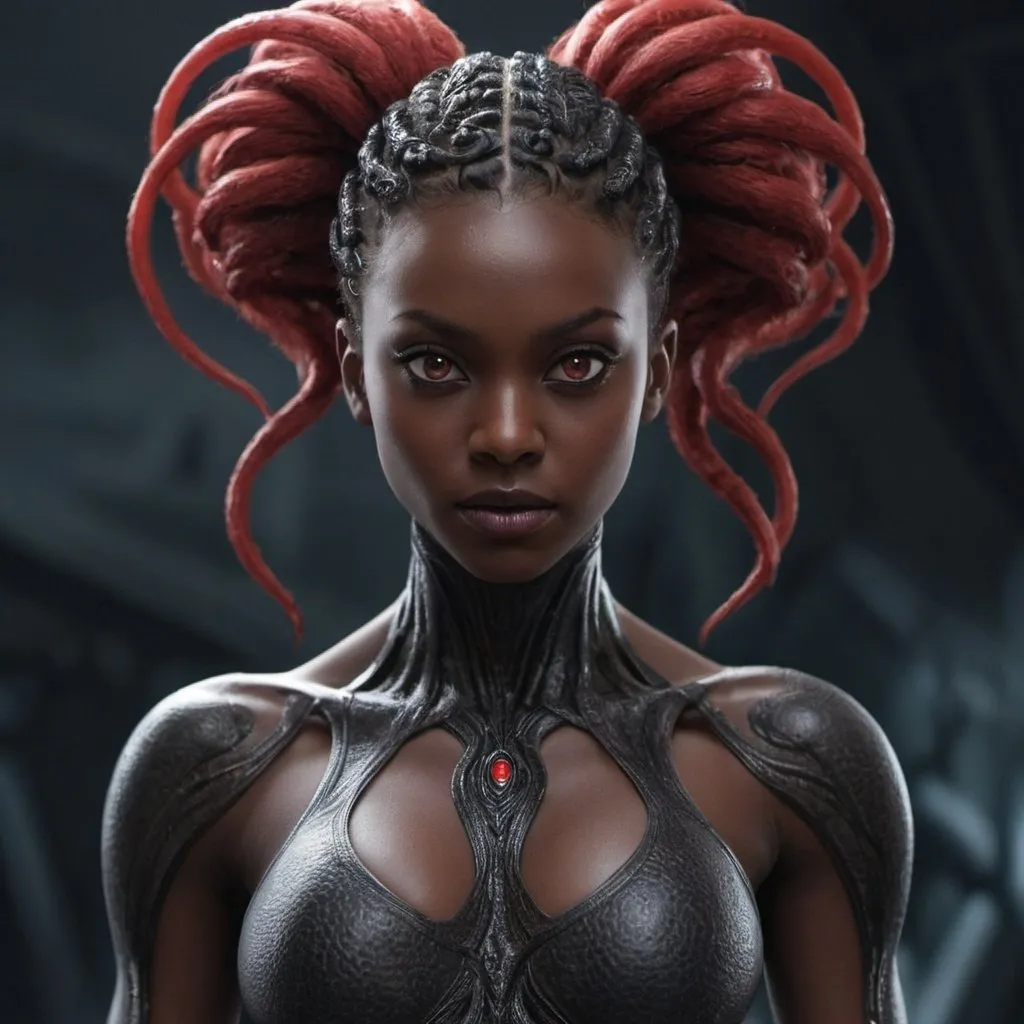 Prompt: a 5ft 5 female humanoid with dark dark almost vanta black skin with red eyes who is muscular but not to muscular with smooth tenticals for hair each tenticle is a different bright color of the full spectrum.  she looks formidable and serious and is of alien origin