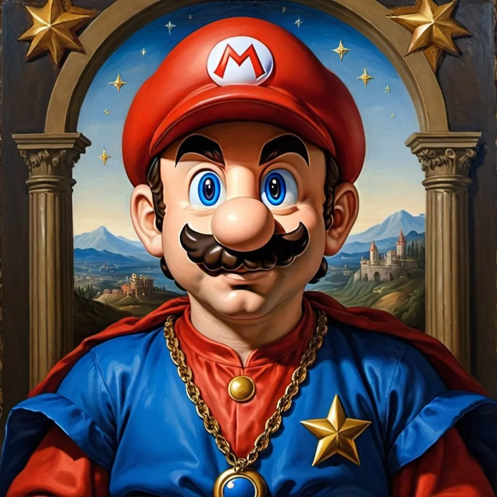 Prompt: Renaissance oil painting of super mario. He should have a star behind his head, and a red and blue robe