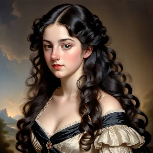 Prompt: Regency era portrait of a 20 year old beautiful cute petite buxom woman with black hair in long curls trailing over the shoulder, oil painting, upper class Regency period clothing, simple, subtle colors, soft and diffused lighting, high quality, detailed brushwork, elegant and refined, classic beauty, historical art, Baroque style, delicate features, aristocratic charm,  Michael Dahl