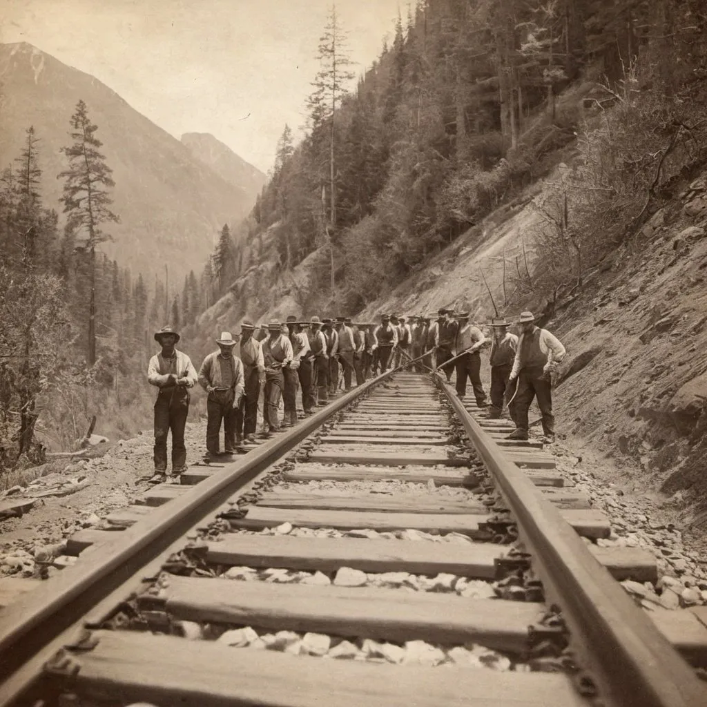 Prompt: Work gang building railroad tracks in the mountains, 1880