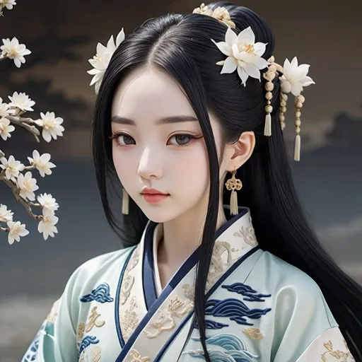 Prompt: Anime Character, 1woman, black hair, beautiful, pale, cute, Chinese, petite, navy and ivory ming dynasty hanfu with intricate sea themed embroidery, ivory hair ornaments, 22 years old, 8k, highly detailed