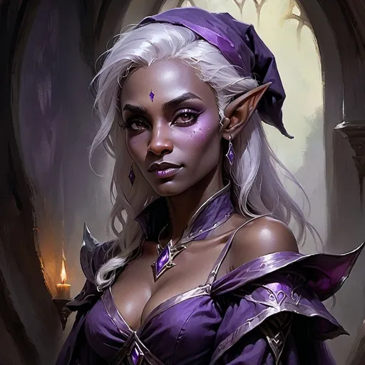 Prompt: Portrait of a gorgeous buxom drow elf female matriarch in elven clothing, white hair  over shoulder, lavender skin color, dark wizard's clothes, oil painting, dramatic lighting, silver and amethyst jewelry, stoic demeanor, Sir Thomas Lawrence