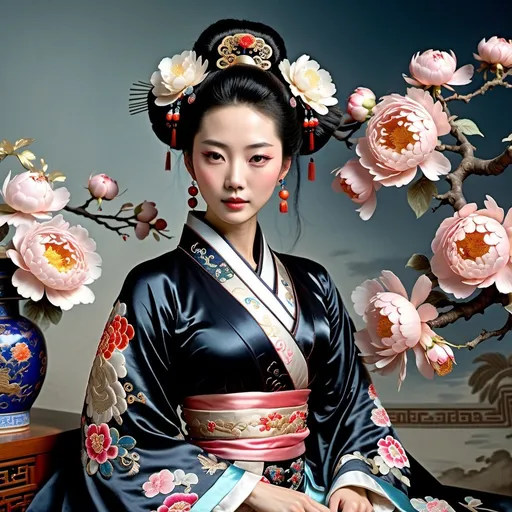 Prompt: Rococo era full body portrait of a 33 year old beautiful Chinese woman with black hair, oil painting, luxurious embroidered hanfu, elaborate Qing dynasty hairstyle, ornate Qing dynasty jewelry, soft and diffused lighting, high quality, detailed brushwork, elegant and refined, opulent setting, intricate lace details, classic beauty, historical art, Rococo style, peony flowers, delicate features, aristocratic charm,  Jean-Honoré Fragonard