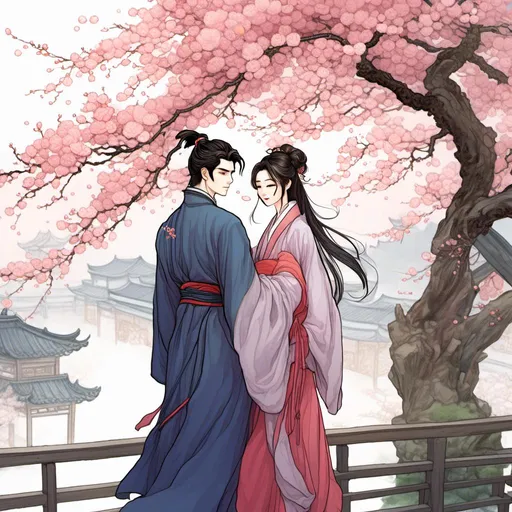 Prompt: <mymodel>Romantic manhua illustration of passionate heterosexual couple, a man and a woman walking among plum blossoms, realistic, romantic atmosphere, photorealistic, subtle attraction,  cute, cozy, elegant clothing, detailed, morning, elegant style, natural lighting, romantic atmosphere, Chinese garden