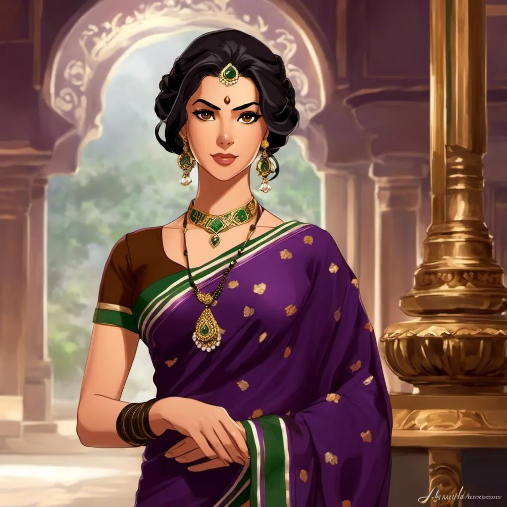 Prompt: <mymodel>1girl, Indian, black hair, brown eyes, lips, mole, realistic, solo, upper body, purple saree embroidered with intricate gold and green embroidery, simple but elegant hair style with expensive hair pin, aristocratic demeanor, alluring gaze,