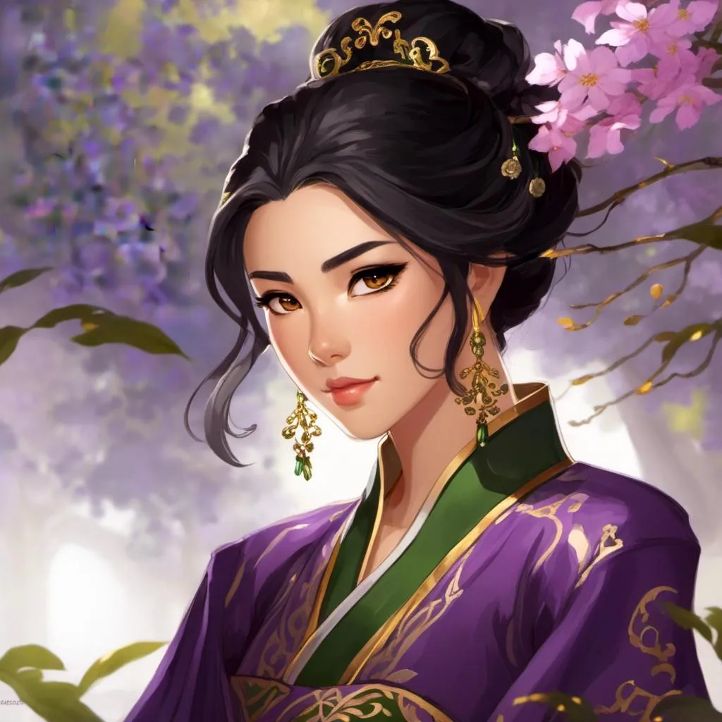 Prompt: <mymodel>1girl, asian, black hair, brown eyes, lips, mole, realistic, solo, upper body, purple hanfu embroidered with intricate gold and green embroidery, simple but elegant hair style with expensive hair pin, aristocratic demeanor, alluring gaze,