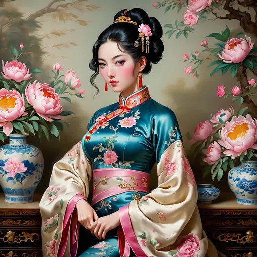 Prompt: Rococo era full body portrait of a 20 year old beautiful Manchu woman with black hair, oil painting, luxurious embroidered qipao, elaborate Qing dynasty hairstyle, ornate Qing dynasty jewelry, soft and diffused lighting, high quality, detailed brushwork, elegant and refined, opulent setting, intricate embroidery details, classic beauty, historical art, Rococo style, peony flowers, delicate features, aristocratic charm,  Jean-Honoré Fragonard