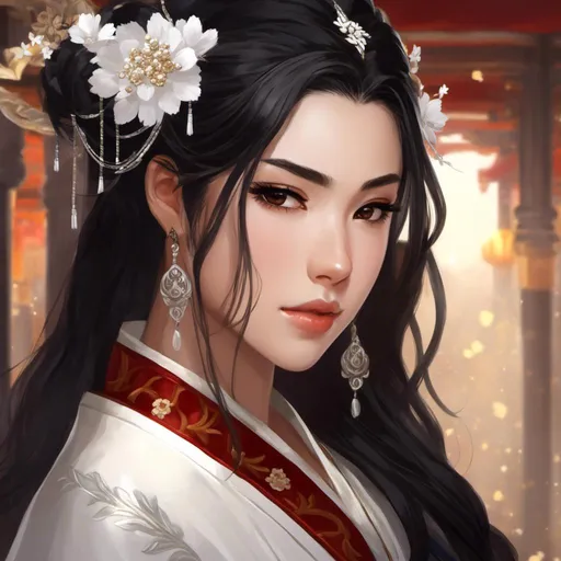 Prompt: <mymodel>1girl, asian, black hair, brown eyes, lips, mole, realistic, solo, upper body, white hanfu embroidered with silver flowers, simple hair ornaments, aristocratic demeanor 