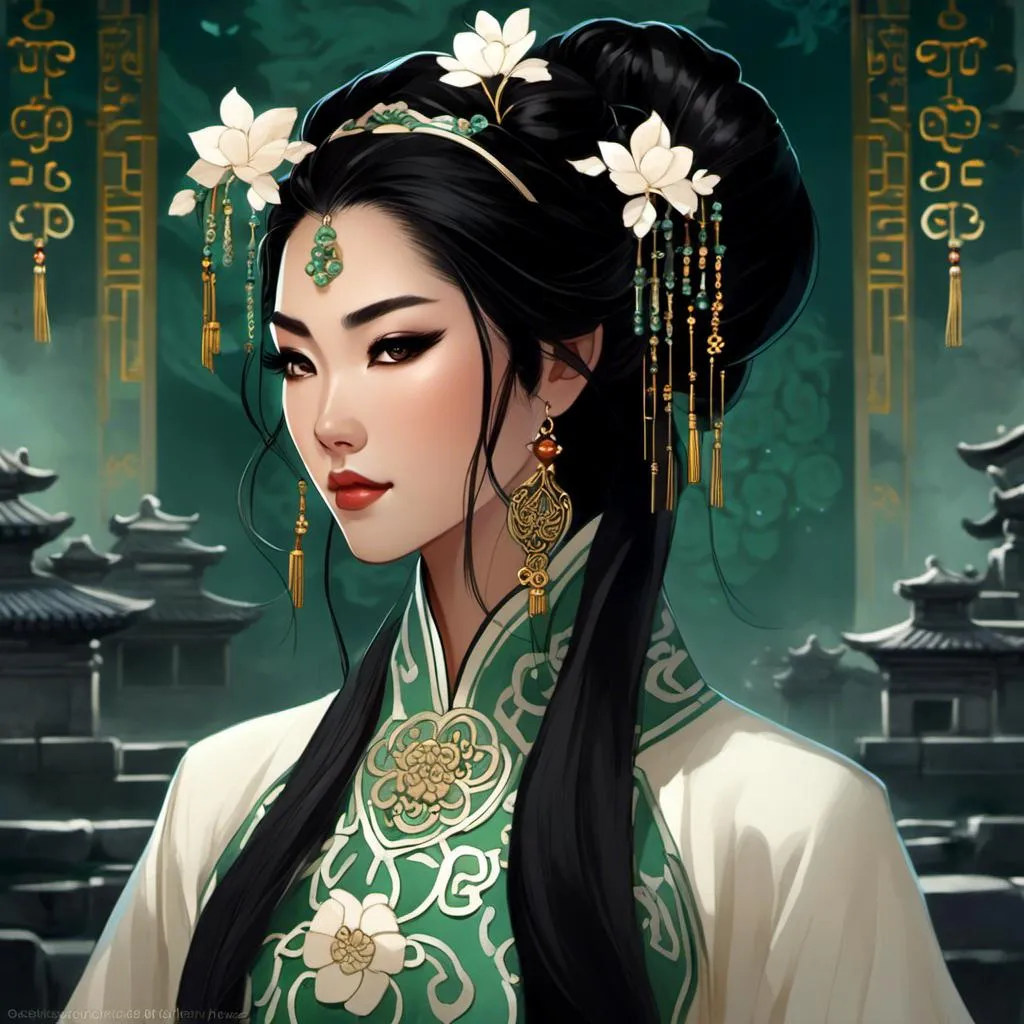 Prompt: <mymodel>1woman, black hair, pale, beautiful, cute, asian, bone white makeup covering face, black makeup around eyes, black ao dai with intricate embroidery, mutton-fat jade\(material\) hair ornaments, casual demeanor, 26 years old, 8k, highly detailed, ancient Chinese gravesite background, intricate embroidery details, night, dark, deep shadows, moonlight, moon, menacing lighting 