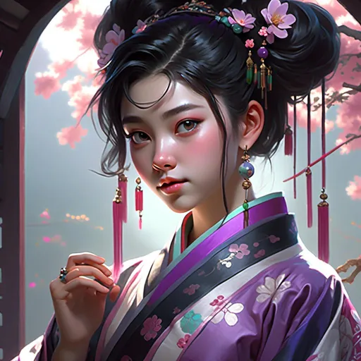 Prompt: <mymodel>1girl, black hair in two paralell buns, pale, gorgous, Chinese, lips, deep purple and white hanfu with intricate embroidery, jade jewelry, 18 years old, spring, romantic lighting, enticing demeanor, looking at viewer  realistic style and super detailed renderings, zbrush, super-realistic oil, contour shadow 