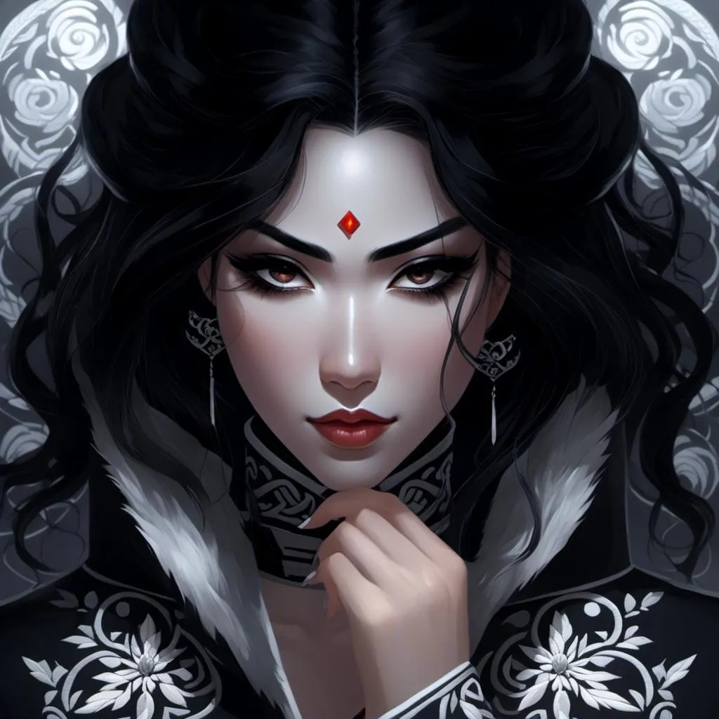 Prompt: <mymodel>1woman, black hair, pale, beautiful, cute, asian and Inuit, lips, white makeup covering face, black makeup around eyes, long sleeve white so dai with intricate embroidery, 26 years old, night, dark, deep shadows, moonlight, moon, menacing lighting, looking at viewer 