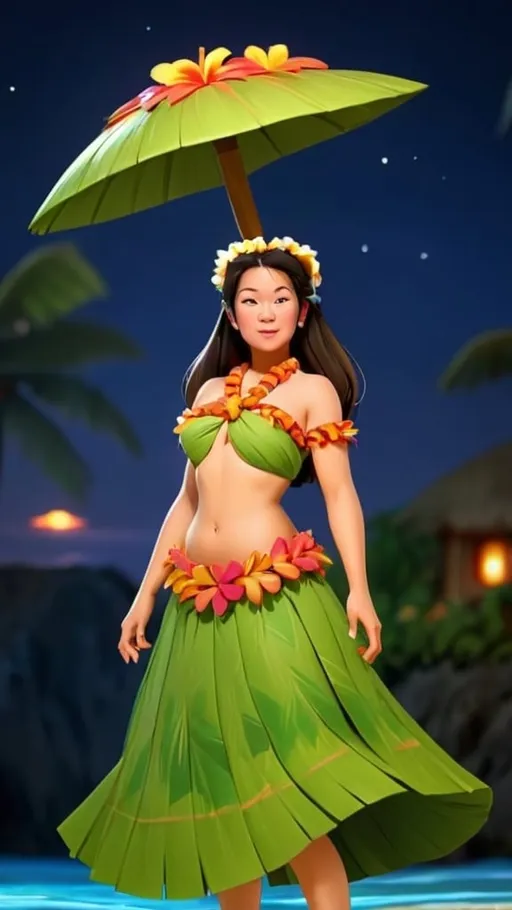 Prompt: Anime, woman, beautiful, hula outfit, large round eyes, 3D, shapely, Hawaiian luau, night 