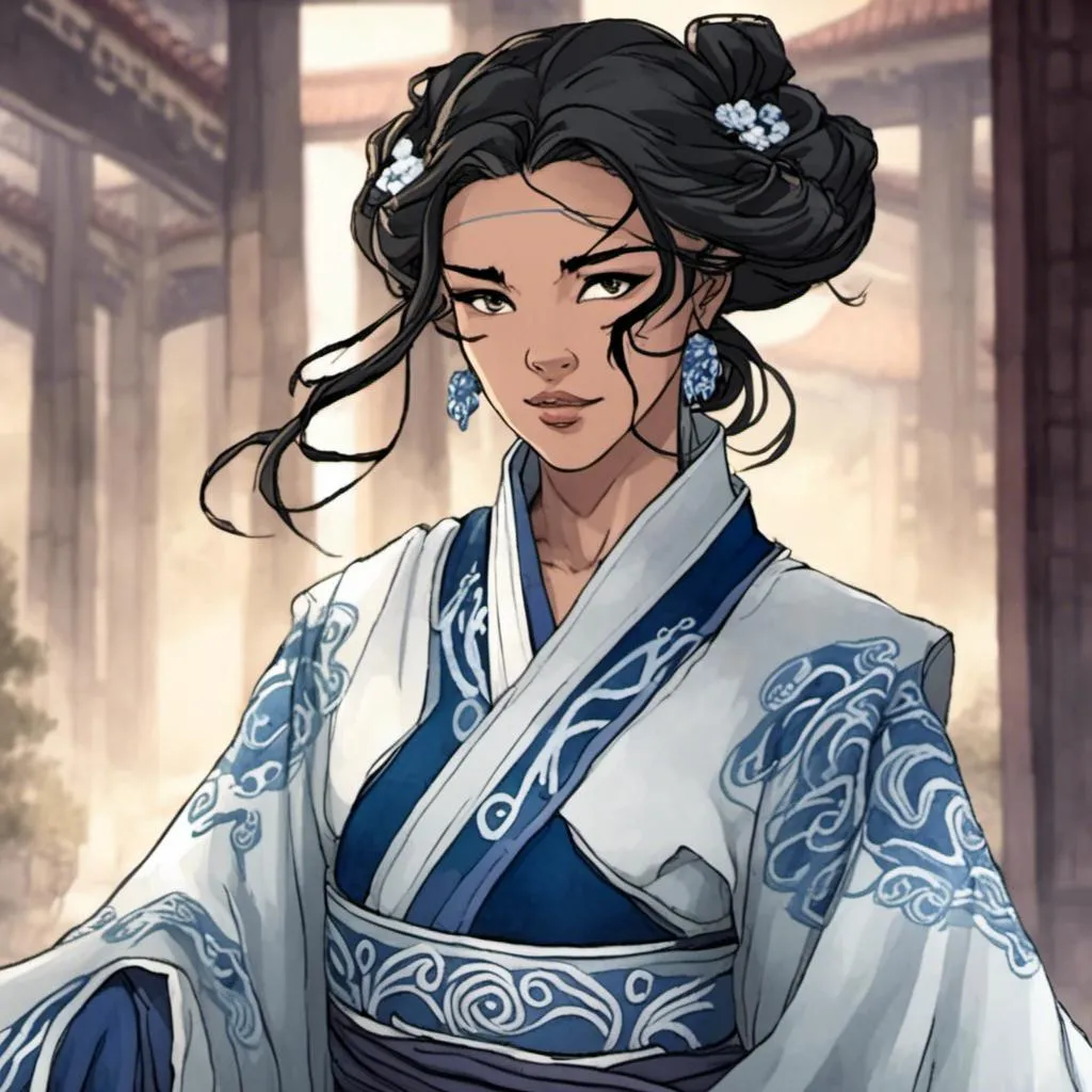 Prompt: <mymodel>asian woman, face close up, blue and white hanfu embroidered with waves, hair down, 