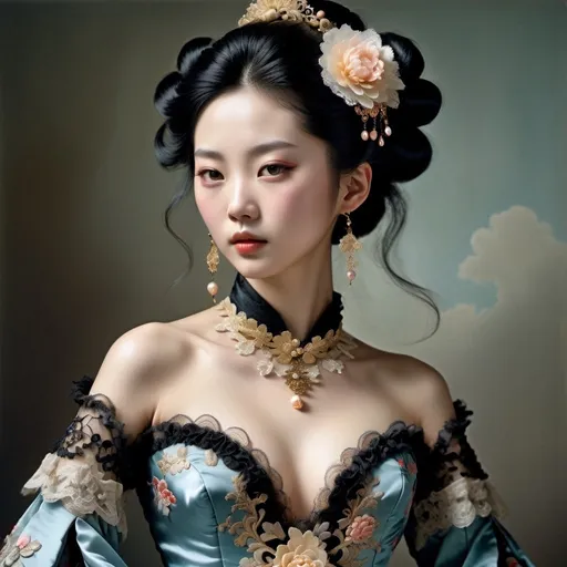 Prompt: Rococo era full body portrait of a 20 year old beautiful Chinese woman with black hair, oil painting, luxurious clothing, elaborate hairstyle, ornate jewelry, soft pastel colors, soft and diffused lighting, high quality, detailed brushwork, elegant and refined, opulent setting, intricate lace details, classic beauty, historical art, Rococo style, delicate features, aristocratic charm,  Jean-Honoré Fragonard and Richard Avedon