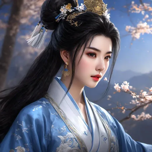 Prompt: <mymodel>1girl, black hair in two parallel buns, cute, Chinese, lips, blue and white hanfu with intricate embroidery, 18 years old, spring, romantic lighting, enticing demeanor, looking at viewer , realistic style and super detailed renderings, photo realistic, zbrush, super-realistic oil, contour shadow 