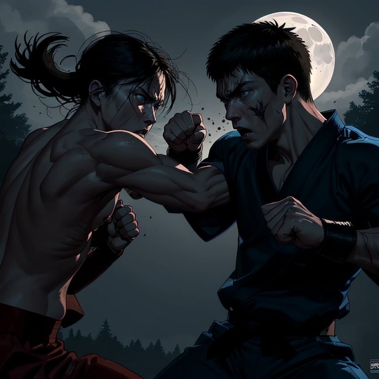 Prompt: Nighttime combat illustration of two opponents, Martial artists, realistic, tense atmosphere, hand to hand combat, photorealistic, subtle wounds, outdoors prepared fighting ring, high quality, detailed facial expressions, intense gaze, realistic atmosphere, night, moon, moonlight, dramatic lighting, close up