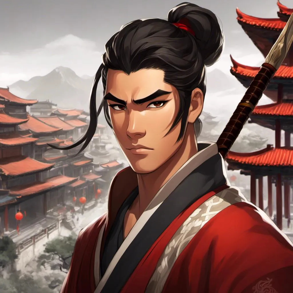 Prompt: <mymodel>character portrait, 1boy, warrior wielding a spear, rough, Chinese, 16 years old, muscular, hair in messy topknot, beard stubble, black and white and red simple hanfu, 8k, highly detailed, ancient Chinese city background