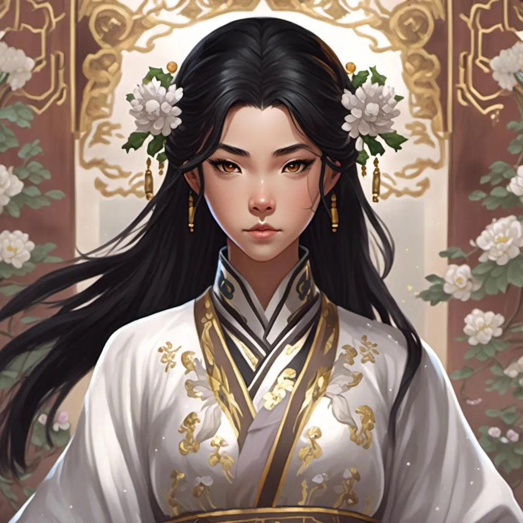 Prompt: <mymodel>1girl, asian, black hair, brown eyes, chinese clothes, lips, mole, realistic, solo, upper body, white hanfu embroidered with ornate silver and gold flowers, detailed facial features, hands not in frame, looking at viewer 