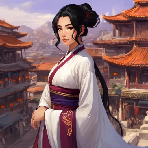 Prompt: <mymodel>1girl, black hair, cute, asian, eggplant \(color\) hanfu, bracelet, sassy demeanor, 16 years old, 8k, highly detailed, ancient Chinese city background